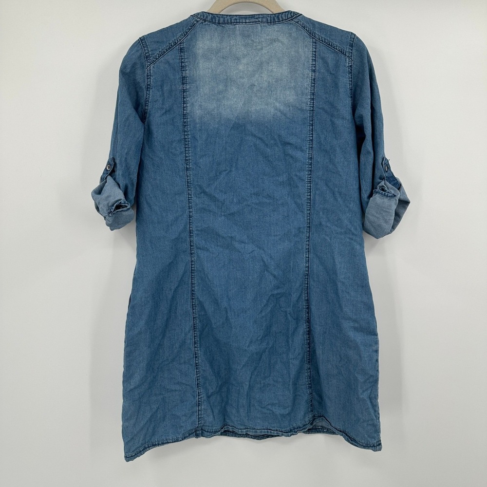 Jean Pascal Denim Tunic Dress Roll Tab Sleeves V Neck Button Front - Picture 10 of 13